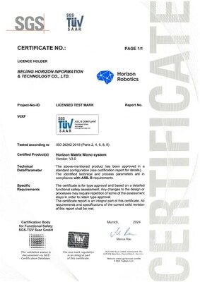 SGS為地平線Matrix Mono System頒發(fā)ISO 26262 ASIL B 功能安全產(chǎn)品認(rèn)證證書(shū)