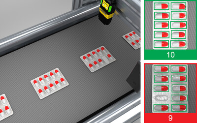 In-Sight SnAPP計數(shù)工具可驗證泡罩包裝中藥片的正確數(shù)量，甚至可透過反光表面進(jìn)行計數(shù)。